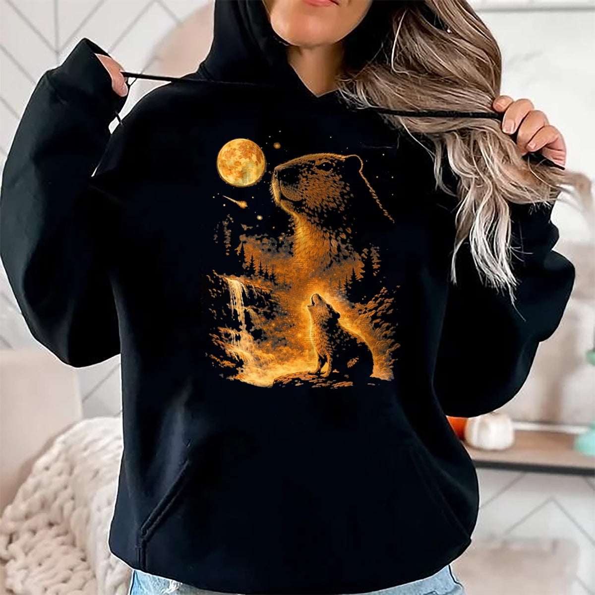 Cute Capybara Shirt, Funny Capybara Unisex T-Shirt/Hoodie/Sweatshirt HLT00 - Vintage Capybara Howling At The Moon Meme 90s Animal Graphic T-Shirt, Men, Black, 3X-Large