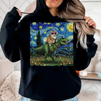 Cat Love Shirt, Funny Cat Lover Gift UnisexT-Shirt/Hoodie/Sweatshirt HLT00 - Cat Riding Dinosaur T-Rex Starry Night Van Gogh Cat Lover T-Shirt