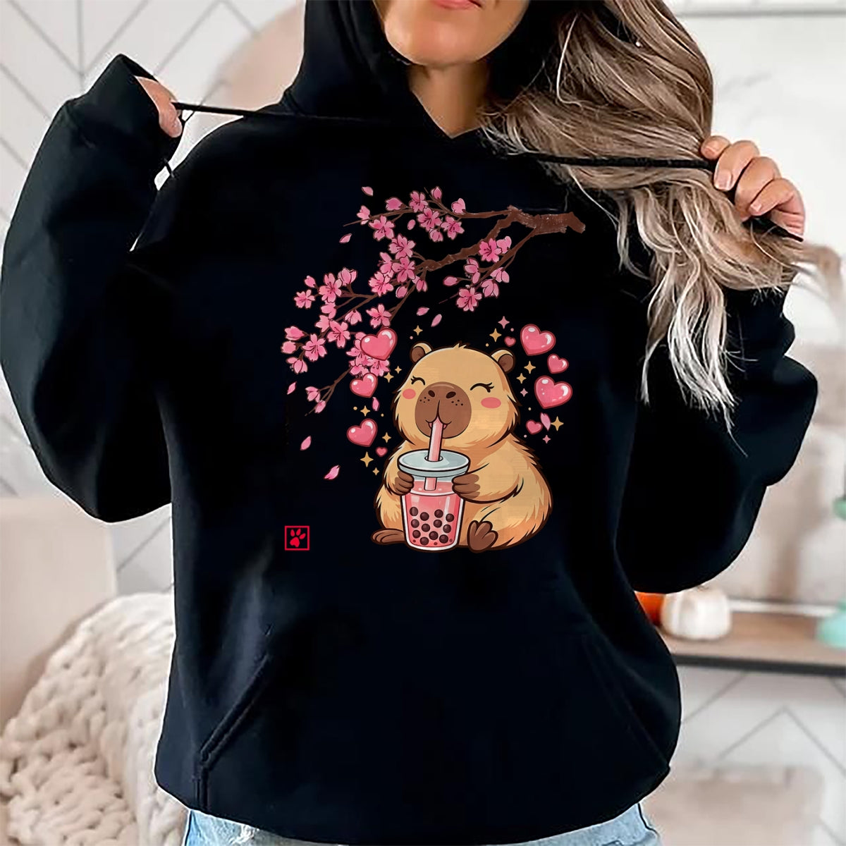 Cute Capybara Shirt, Funny Capybara Unisex T-Shirt/Hoodie/Sweatshirt HLT00 - Cute Capybara Kawaii Anime Drinking Bubble Tea Sakura Japan T-Shirt