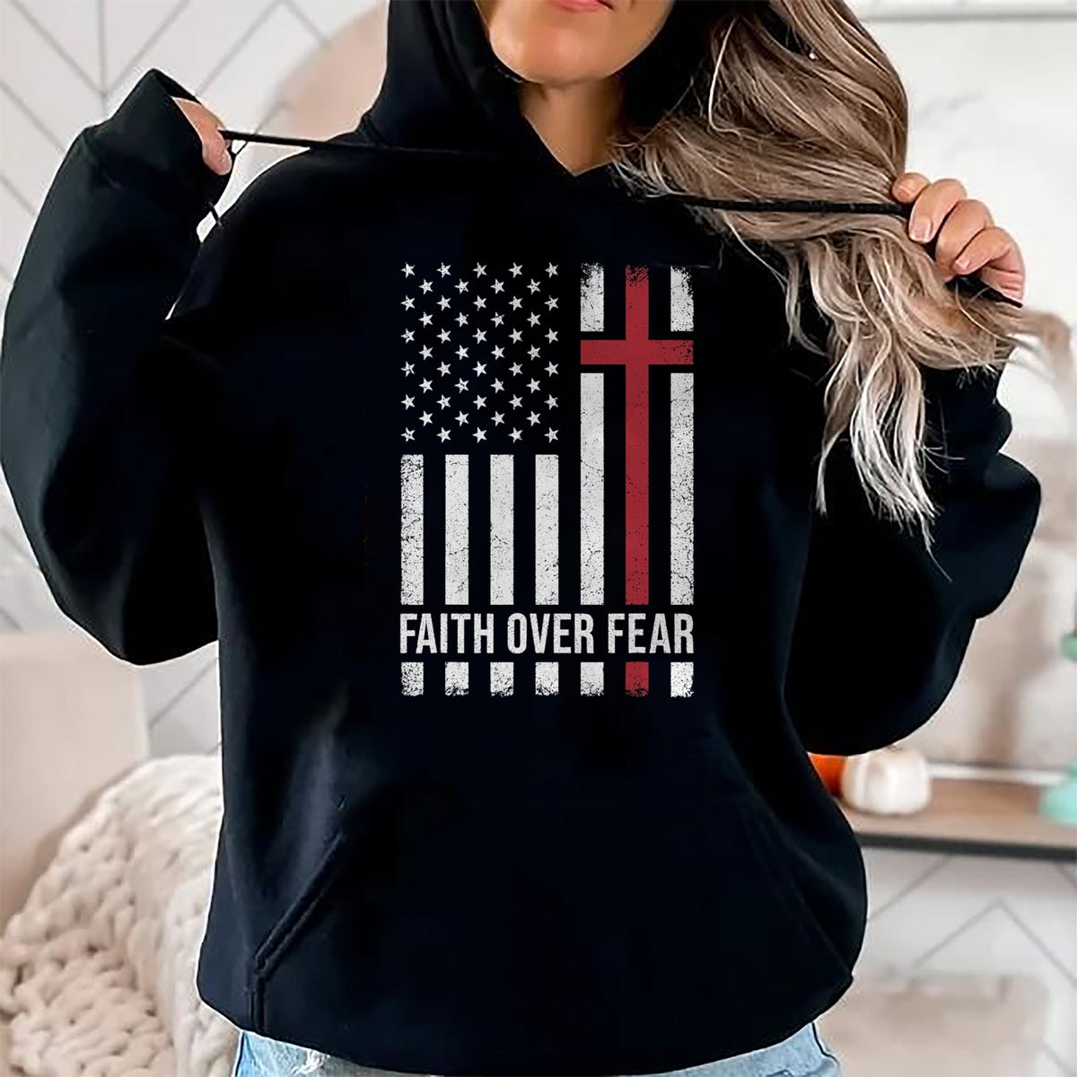 Christian Tee, Christian Faith Unisex T-Shirt/Hoodie/Sweatshirt HLT00 - Christian US USA Flag American Christ Faith Over Fear Cross T-Shirt