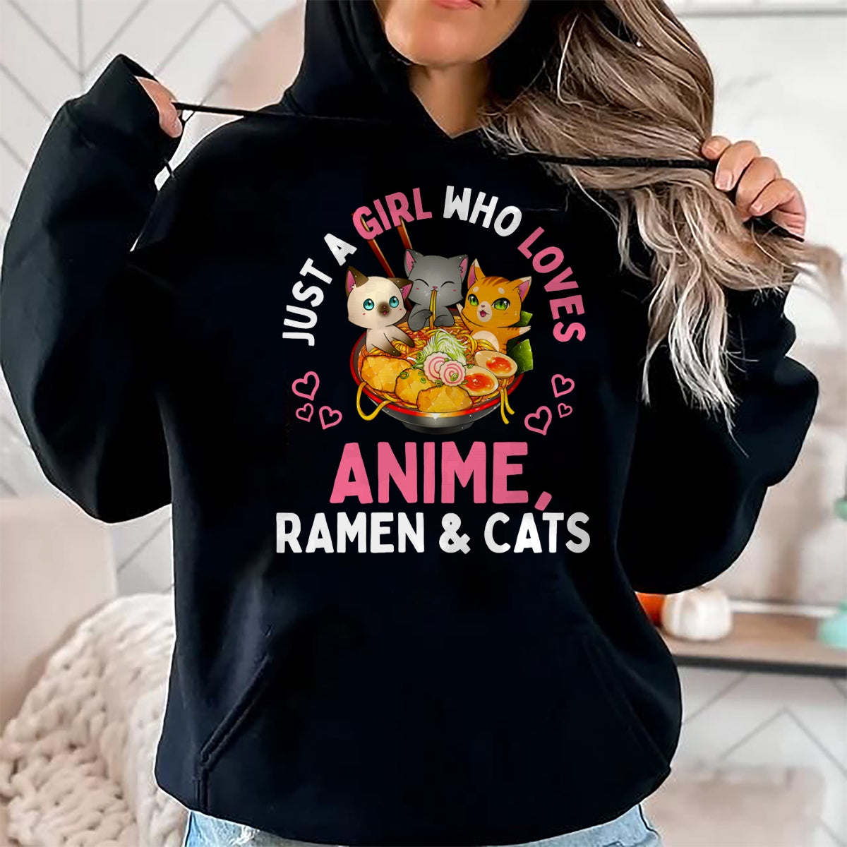 Cat Love Shirt, Funny Cat Lover Gift UnisexT-Shirt/Hoodie/Sweatshirt HLT00 - Just a Girl Who Loves Anime Ramen and Cats Kawaii Manga Gift Long Sleeve T-Shirt
