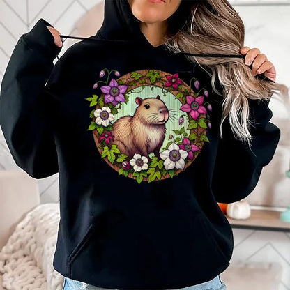 Cute Capybara Shirt, Funny Capybara Unisex T-Shirt/Hoodie/Sweatshirt HLT00 - Capybara floral Illustration Long Sleeve T-Shirt