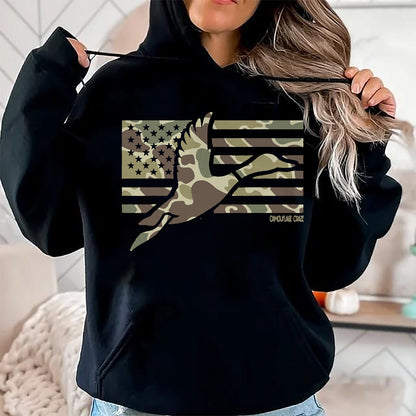 Funny Hunting Shirt, Gift For Hunting Lover Unisex T-Shirt/Hoodie/Sweatshirt HLT00 - Camo Patriotic Mallard Duck Camouflage Flying Duck Hunting T-Shirt