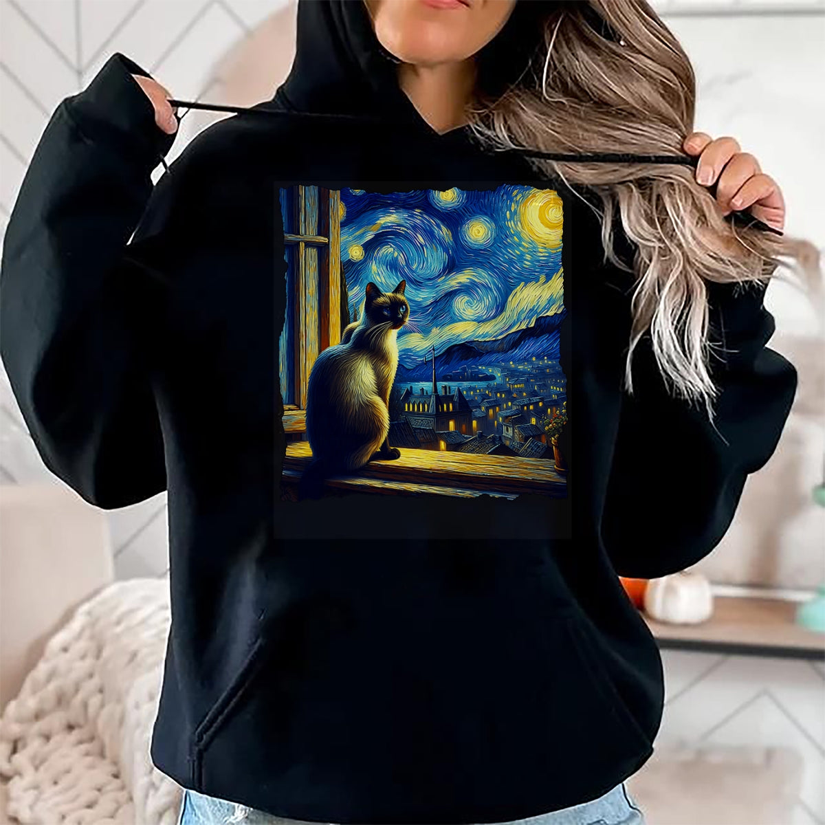 Cat Love Shirt, Funny Cat Lover Gift UnisexT-Shirt/Hoodie/Sweatshirt HLT00 - Cat Siamese Cat Starry Night Siamese T-Shirt