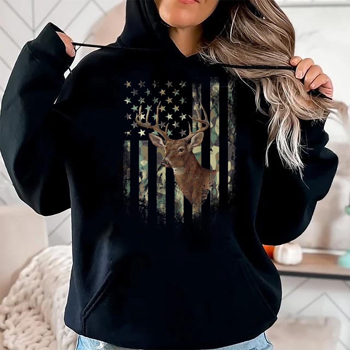 Funny Hunting Shirt, Gift For Hunting Lover Unisex T-Shirt/Hoodie/Sweatshirt HLT00 - (Art on Back) American Flag Deer Hunting Camo T-Shirt