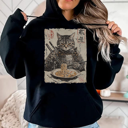 Cat Love Shirt, Funny Cat Lover Gift UnisexT-Shirt/Hoodie/Sweatshirt HLT00 - Samurai Cat Loves Ramen Funny Anime Japanese Artwork Samurai T-Shirt, Men, Black, X-Large
