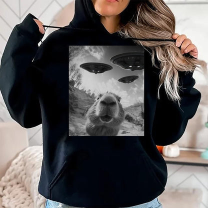 Cute Capybara Shirt, Funny Capybara Unisex T-Shirt/Hoodie/Sweatshirt HLT00 - Funny Capybara Selfie with UFOs Weird Graphic Tee Alien UFO T-Shirt