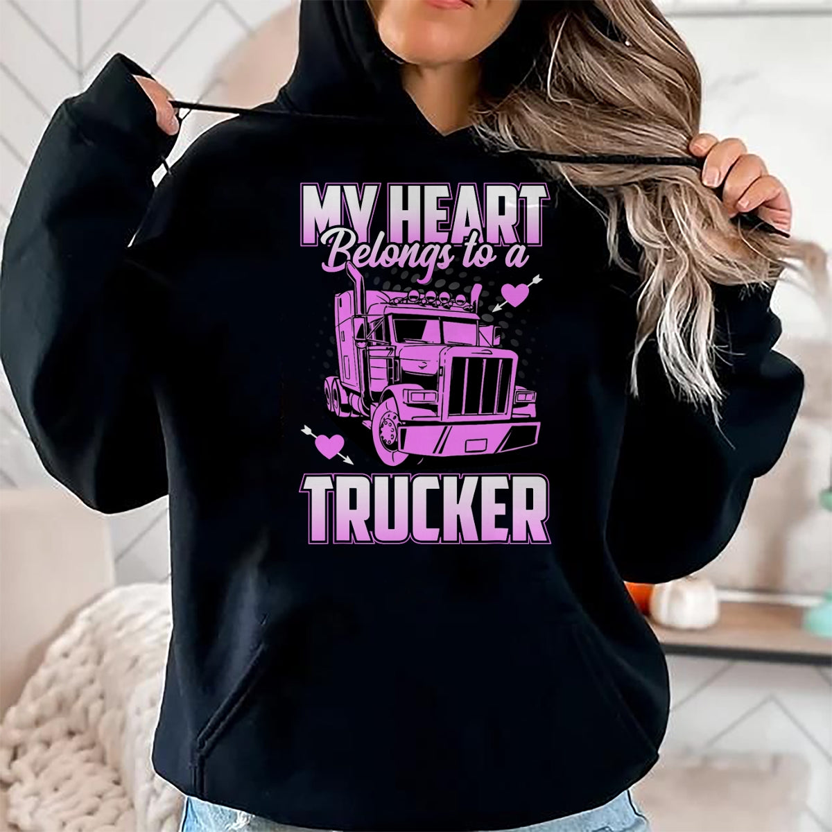 Best Truck Driver Life Shirt, Funny Trucker UnisexT-Shirt/Hoodie/Sweatshirt HLT00 - My Heart Belongs to A Trucker Funny Truck Driver T-Shirt