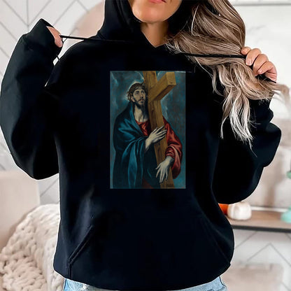 Christian Tee, Christian Faith Unisex T-Shirt/Hoodie/Sweatshirt HLT00 - Christ Carrying the Cross Jesus Painting Saviour Christian T-Shirt