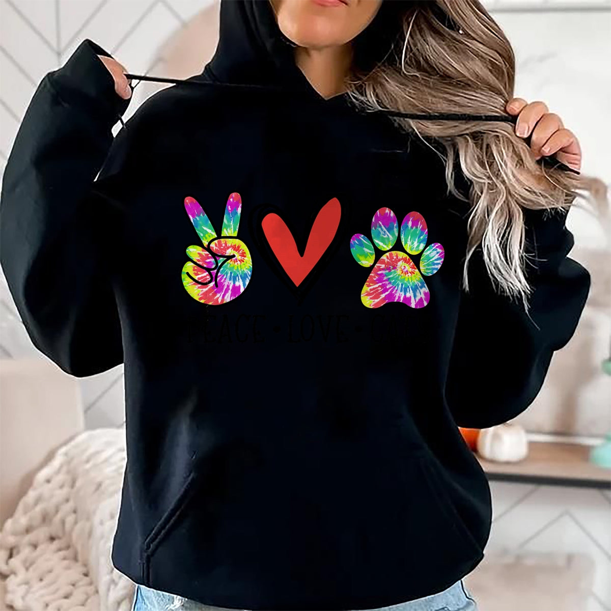 Cat Love Shirt, Funny Cat Lover Gift UnisexT-Shirt/Hoodie/Sweatshirt HLT00 - Peace Love Cats Paws Tie Dye Rainbow Animal Rescue Womens T-Shirt