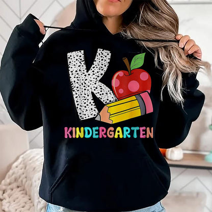 Best Student Shirt, Funny Back To School UnisexT-Shirt/Hoodie/Sweatshirt HLT00 - K is for Kindergarten Teacher Pencil Apple Back to School T-Shirt, Women, Lemon Yellow, Medium