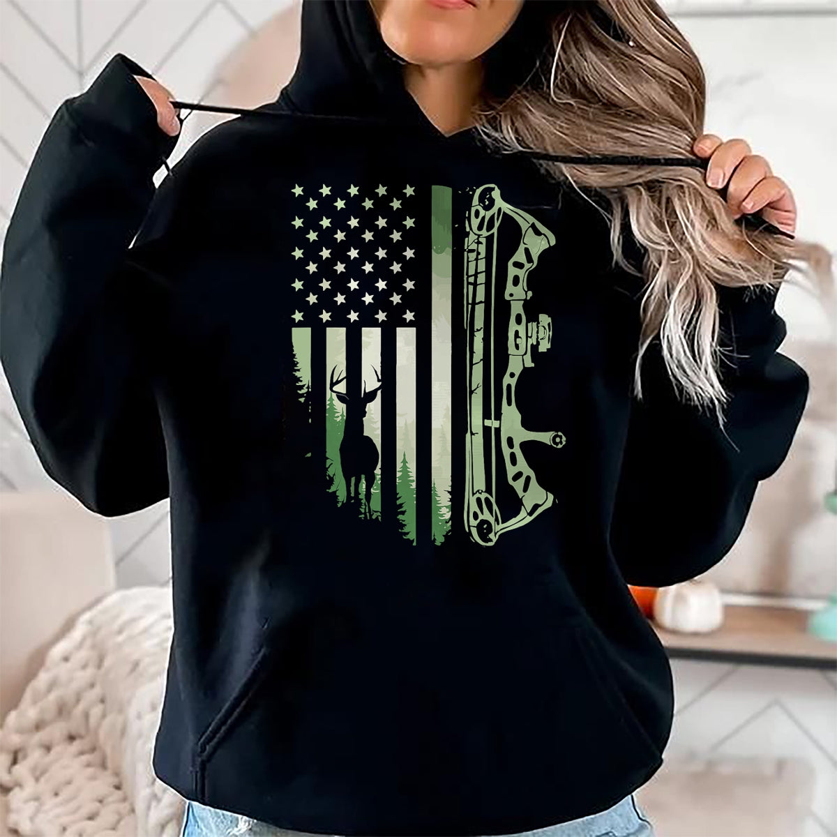 Funny Hunting Shirt, Gift For Hunting Lover Unisex T-Shirt/Hoodie/Sweatshirt HLT00 - Patriotic Bowhunting USA Flag Bow Archery Deer Hunting Wild T-Shirt