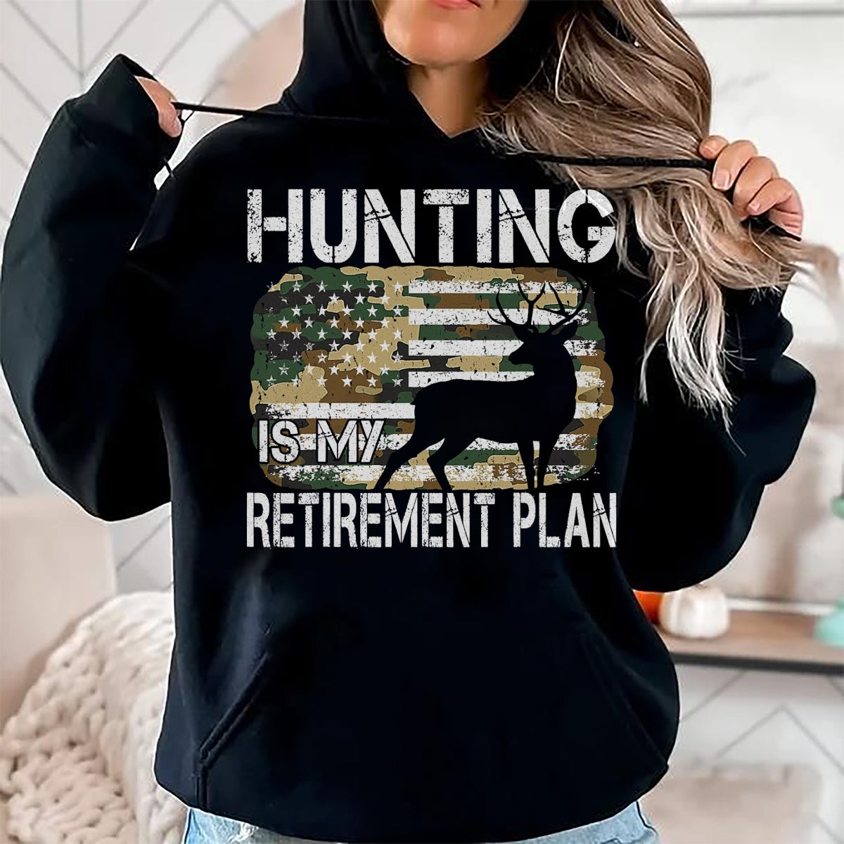 Funny Hunting Shirt, Gift For Hunting Lover Unisex T-Shirt/Hoodie/Sweatshirt HLT00 - Hunting Is My Retirement Plan Deer Camo American USA Flag T-Shirt