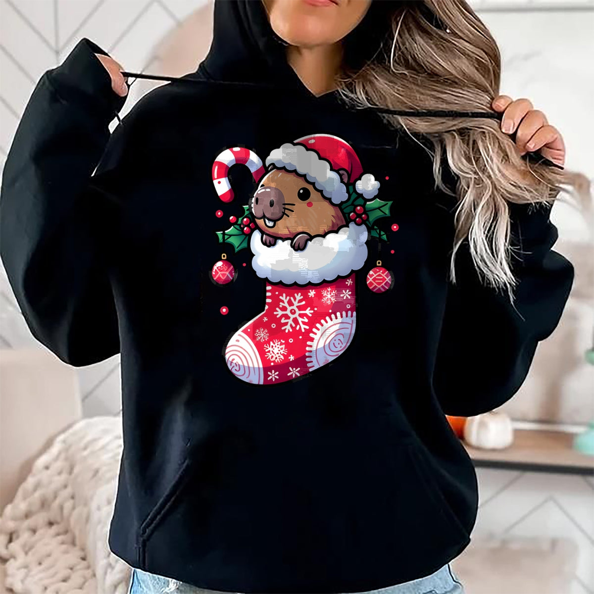 Cute Capybara Shirt, Funny Capybara Unisex T-Shirt/Hoodie/Sweatshirt HLT00 - Cute Capybara Wearing Santa Hat in Christmas Stocking Pajama T-Shirt