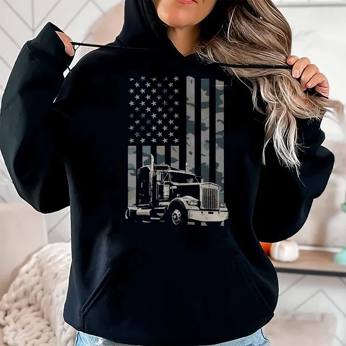 Best Truck Driver Life Shirt, Funny Trucker UnisexT-Shirt/Hoodie/Sweatshirt HLT00 - Trucker American Flag Trucking (Design on Back) Long Sleeve T-Shirt