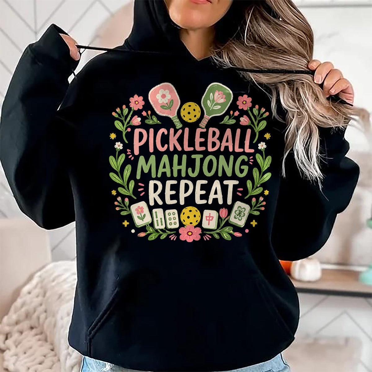 Funny Pickleball Shirt, Pickleball Lover Unisex T-Shirt/Hoodie/Sweatshirt HLT00 - Women's Pickleball Mahjong Repeat Funny Game Lover Men Women V-Neck T-Shirt