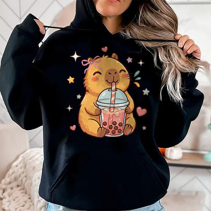 Cute Capybara Shirt, Funny Capybara Unisex T-Shirt/Hoodie/Sweatshirt HLT00 - Cute Capybara Anime Drinking Bubble Boba Tea Kawaii Girl Kid T-Shirt