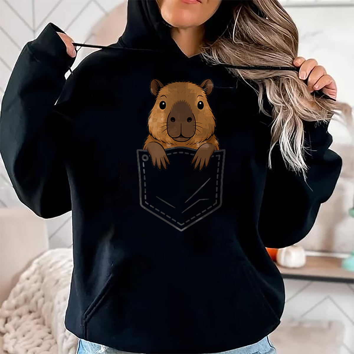 Cute Capybara Shirt, Funny Capybara Unisex T-Shirt/Hoodie/Sweatshirt HLT00 - Funny Capybara Peeking in Pocket Capy Rodent Animal Lover T-Shirt