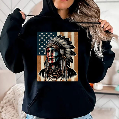 Native American T-Shirts, Vintage Native American Unisex T-Shirt/Hoodie/Sweatshirt HLT00 - Native American Indian Vintage Chief American USA Flag Retro T-Shirt (1)
