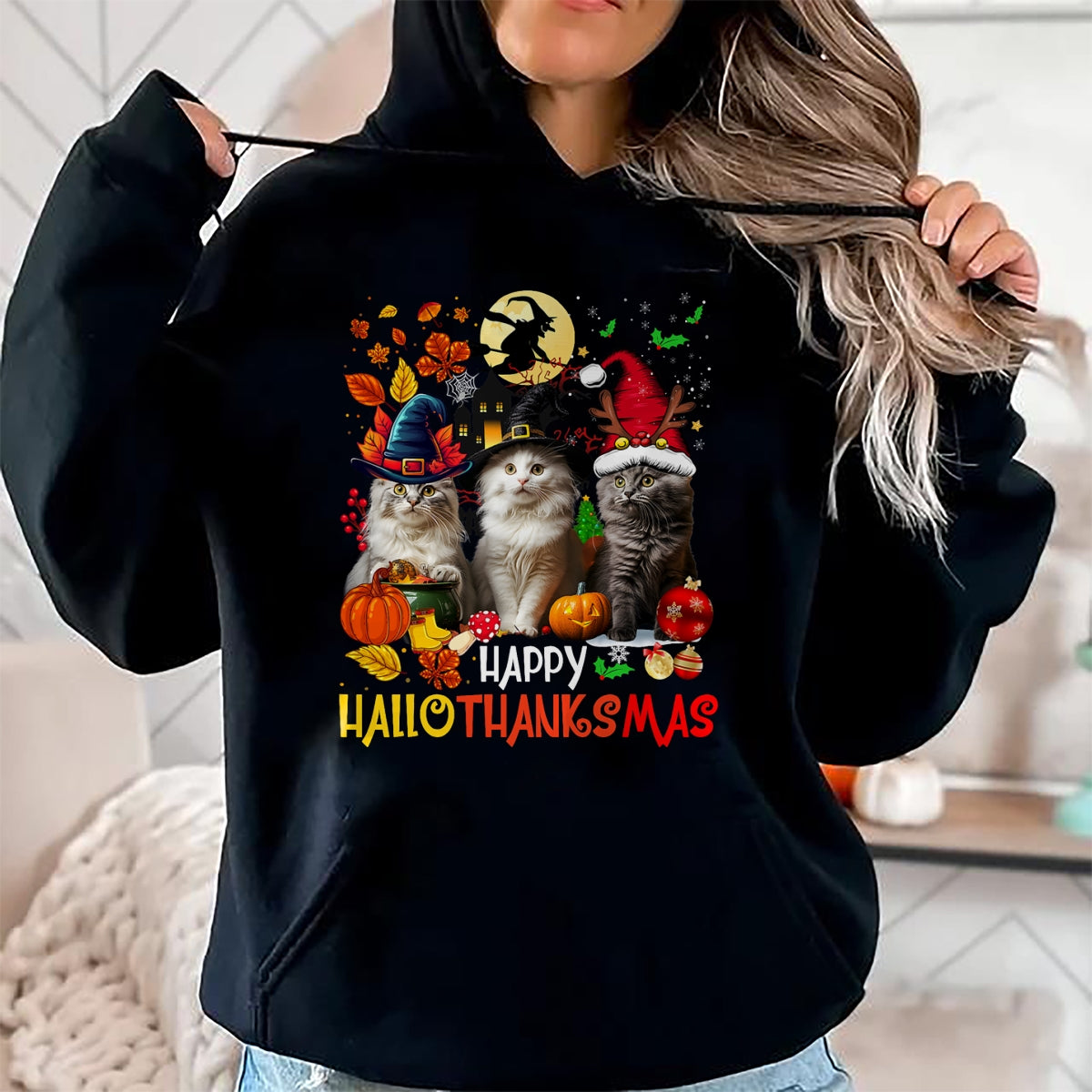 Hallowen Shirts for Family, Funny hallowen shirts, Hallowen Unisex T-Shirt/Hoodie/Sweatshirt HLT00 - Halloween Thanksgiving Christmas Happy HalloThanksMas Cats T-Shirt