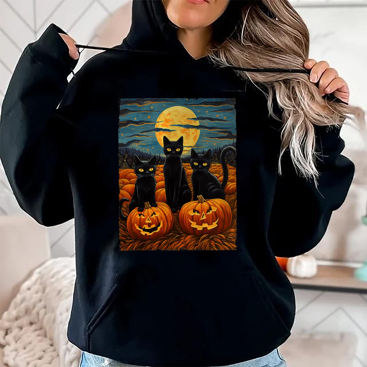Hallowen Shirts for Family, Funny hallowen shirts, Hallowen Unisex T-Shirt/Hoodie/Sweatshirt HLT00 - Black Cat Halloween Cat Lovers Starry Night Cat Van Gogh Cat T-Shirt