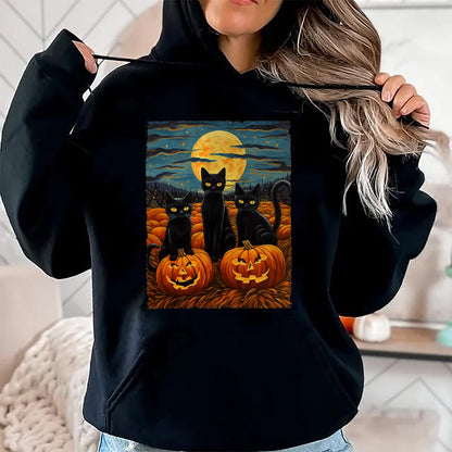 Hallowen Shirts for Family, Funny hallowen shirts, Hallowen Unisex T-Shirt/Hoodie/Sweatshirt HLT00 - Black Cat Halloween Cat Lovers Starry Night Cat Van Gogh Cat T-Shirt