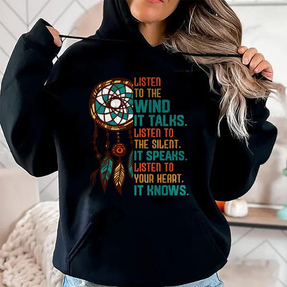 Native American T-Shirts, Vintage Native American Unisex T-Shirt/Hoodie/Sweatshirt HLT00 - Listen To The Wind It Talks Fun Native American Day Graphic Long Sleeve T-Shirt (1)