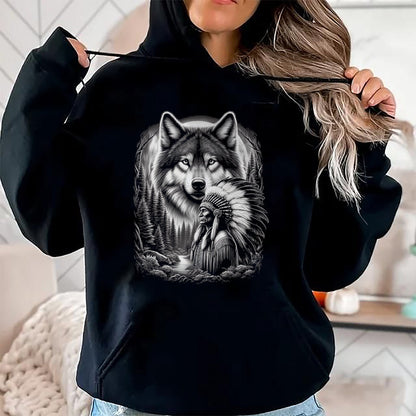 Native American T-Shirts, Vintage Native American Unisex T-Shirt/Hoodie/Sweatshirt HLT00 - Native American Indian and Wolf Feathers Chief Art T-Shirt (2)