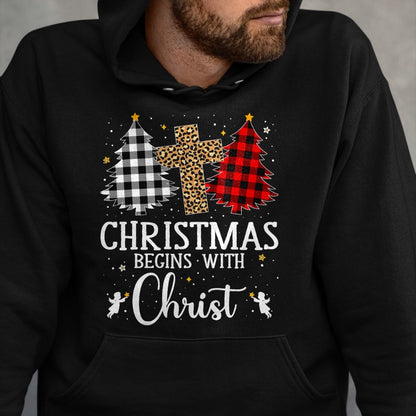 Christian Tee, Christian Faith Unisex T-Shirt/Hoodie/Sweatshirt HLT00 - Christmas Begins With Christ Jesus Cross Christian Christmas T-Shirt