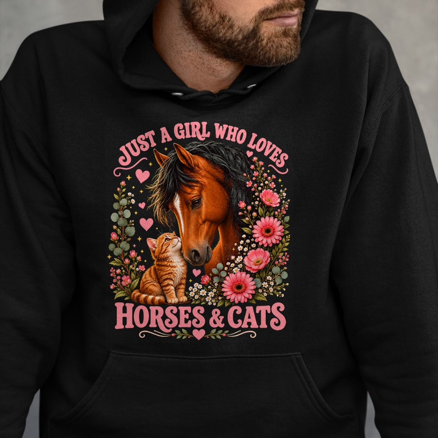 Cat Love Shirt, Funny Cat Lover Gift UnisexT-Shirt/Hoodie/Sweatshirt HLT00 - Just a Girl Who Loves Horses and Cats Floral Animal Lover T-Shirt