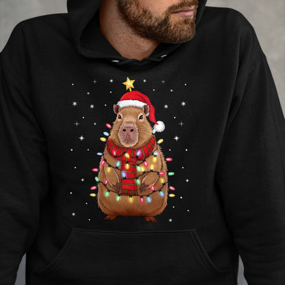 Cute Capybara Shirt, Funny Capybara Unisex T-Shirt/Hoodie/Sweatshirt HLT00 - Christmas Capybara with Santa Hat Xmas Lights Tree T-Shirt