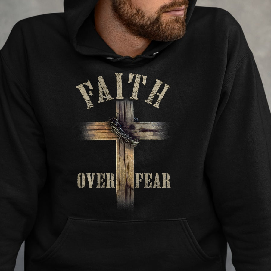 Christian Tee, Christian Faith Unisex T-Shirt/Hoodie/Sweatshirt HLT00 - Faith Over Fear American Christian Cross God Jesus (on back) T-Shirt