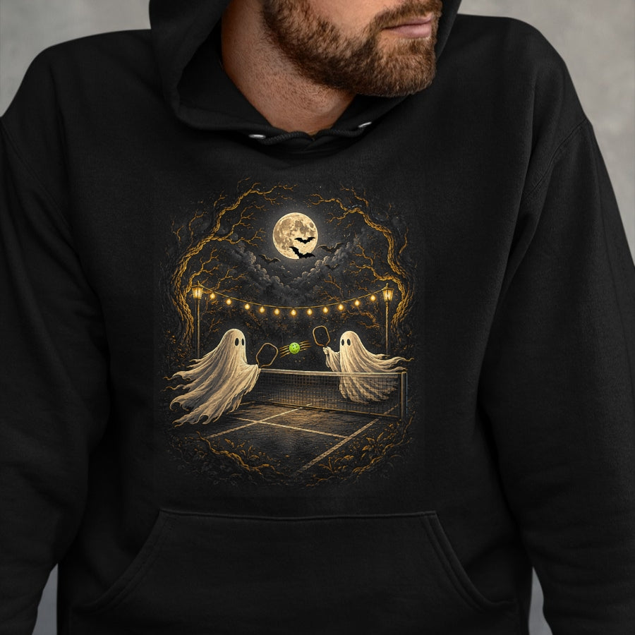 Funny Pickleball Shirt, Pickleball Lover Unisex T-Shirt/Hoodie/Sweatshirt HLT00 - Ghosts on Court Full Moon Bats Ghostly Halloween Pickleball T-Shirt