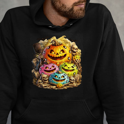 Funny Pickleball Shirt, Pickleball Lover Unisex T-Shirt/Hoodie/Sweatshirt HLT00 - Halloween Pickleball Pumpkins and Skeletons T-Shirt