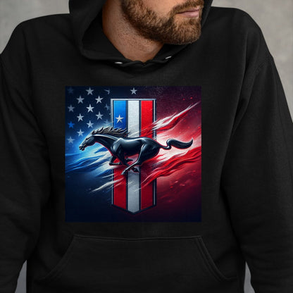 Best Horse Lover Shirt , Funny Horse UnisexT-Shirt/Hoodie/Sweatshirt HLT00 - Galloping Mustang on Tri-Bar & Flag Background T-Shirt