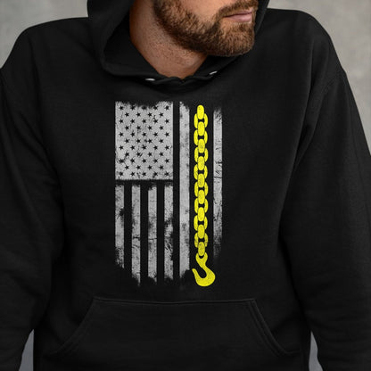 Best Truck Driver Life Shirt, Funny Trucker UnisexT-Shirt/Hoodie/Sweatshirt HLT00 - Yellow Tow Hook Chain Flag America Tow Truck Driver T-Shirt