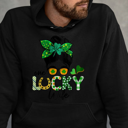 Best Wife Shirt, Wife and Husband Unisex T-Shirt/Hoodie/Sweatshirt HLT00 - Gift for wife T shirt, lucky wife   Womens One Lucky Wife Messy Bun Irish St Patricks Day Shamrock R