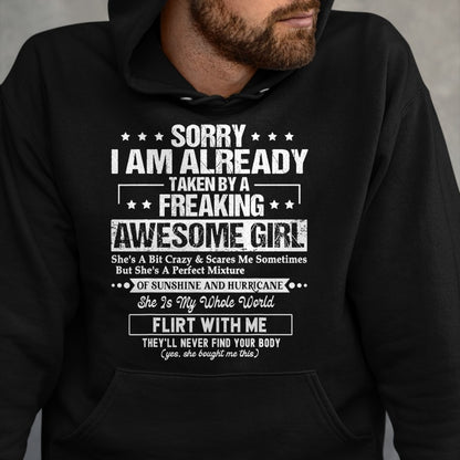 Best Wife Shirt, Wife and Husband Unisex T-Shirt/Hoodie/Sweatshirt HLT00 - Sorry I'm Already Taken by a Freaking Awesome Girl Husband T-Shirt