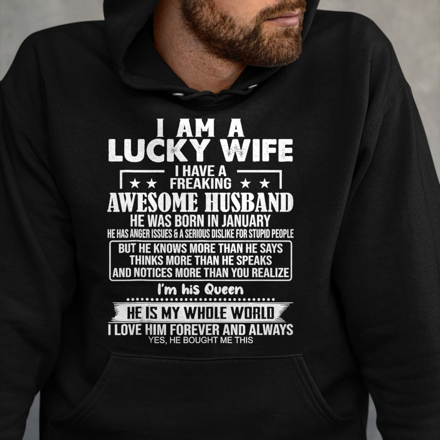 Best Wife Shirt, Wife and Husband Unisex T-Shirt/Hoodie/Sweatshirt HLT00 - Gift for wife T shirt, lucky wife   I Am A Lucky Wife I Have A Freaking Awesome Husband JANUARY Tank