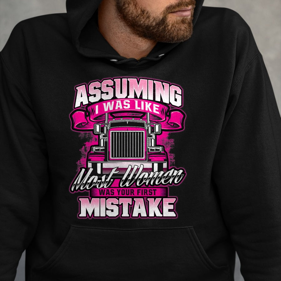 Best Truck Driver Life Shirt, Funny Trucker UnisexT-Shirt/Hoodie/Sweatshirt HLT00 - First Mistake - Female Semi Truck Driver Trucker Trucking T-Shirt
