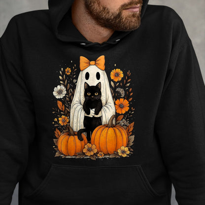 Cat Love Shirt, Funny Cat Lover Gift UnisexT-Shirt/Hoodie/Sweatshirt HLT00 - Vintage Halloween Ghost Holding Black Cat Groovy Floral T-Shirt, Women_s Plus, Black, 2X