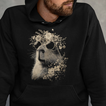 Cute Capybara Shirt, Funny Capybara Unisex T-Shirt/Hoodie/Sweatshirt HLT00 - Vintage Capybara with Sunglasses Floral Crown Boho Animal T-Shirt
