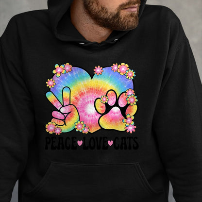 Cat Love Shirt, Funny Cat Lover Gift UnisexT-Shirt/Hoodie/Sweatshirt HLT00 - Peace Love Cats Owner 60s 70s Hippie Outfit Cute Cat Lover Men Women Kids T-Shirt