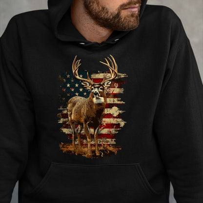 Funny Hunting Shirt, Gift For Hunting Lover Unisex T-Shirt/Hoodie/Sweatshirt HLT00 - Whitetail Buck Deer Hunting 4th of July USA American Flag T-Shirt