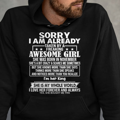 Best Wife Shirt, Wife and Husband Unisex T-Shirt/Hoodie/Sweatshirt HLT00 - Sorry I Am Already Taken By A Freaking Awesome Girl NOVEMBER T-Shirt
