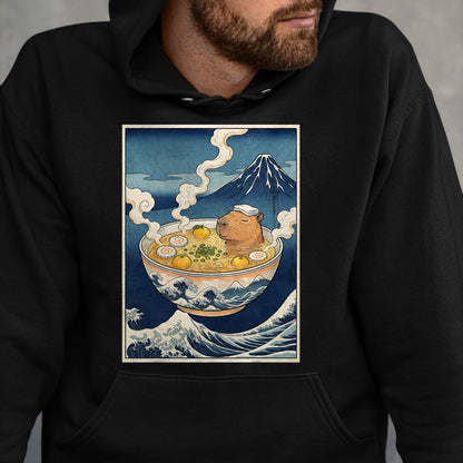 Cute Capybara Shirt, Funny Capybara Unisex T-Shirt/Hoodie/Sweatshirt HLT00 - Cute Capybara Ramen Mt Fuji Ukiyo-e Great Wave Japanese Art T-Shirt