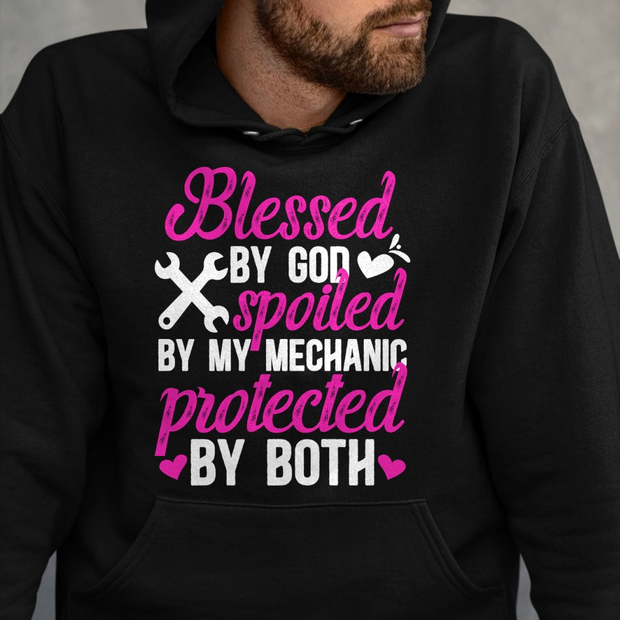 Best Wife Shirt, Wife and Husband Unisex T-Shirt/Hoodie/Sweatshirt HLT00 - Gift for wife T shirt, spoiled wife   Blessed By God Spoiled By My Mechanic Wife Of A Mechanic Pullo
