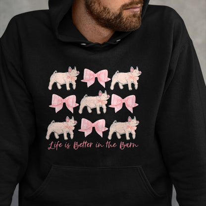Best Farmer Life Shirt, Funny Farmer UnisexT-Shirt/Hoodie/Sweatshirt HLT00 - Coquette Bow Show Pig Livestock Pig Breeder Stock Show Mom T-Shirt