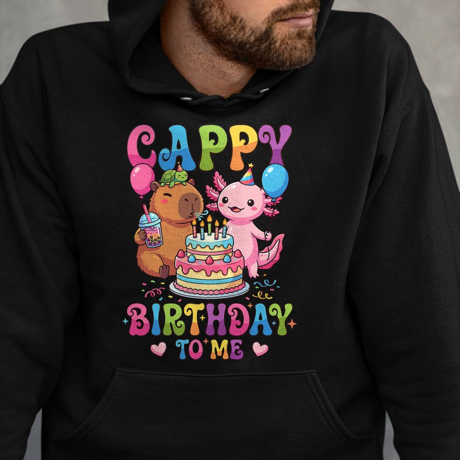 Cute Capybara Shirt, Funny Capybara Unisex T-Shirt/Hoodie/Sweatshirt HLT00 - Cute Happy Birthday to Me Capybara Axolotl Turtle Party T-Shirt