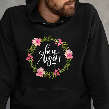 Christian Tee, Christian Faith Unisex T-Shirt/Hoodie/Sweatshirt HLT00 - He is Risen Jesus Christian Happy Easter Floral Wreath Shirt T-Shirt (1)